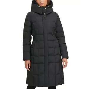 Cole Haan Box Quilt Feather Down Puffer Long Coat Hooded Womens Size Large Black